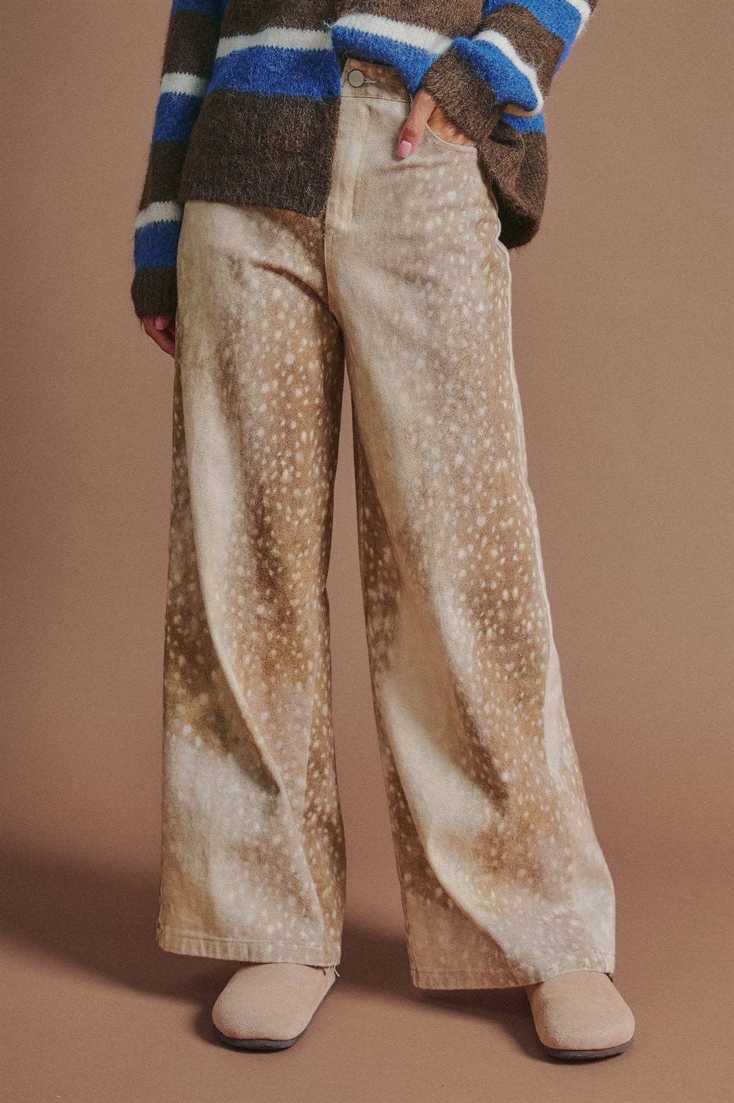 Urban Daizy - Deer Spot Print Wide Leg Cotton Twill Pants
