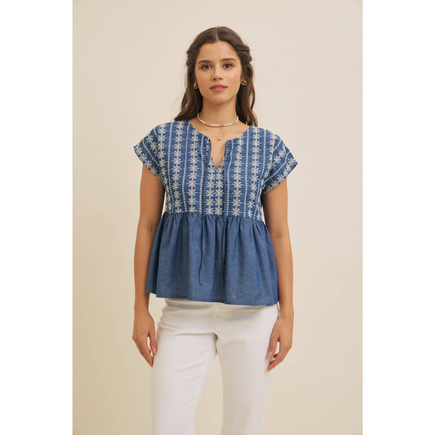 EMBROIDERY BABYDOLL DENIM BLOUSE TOP WITH ROUND SPLIT NECK
