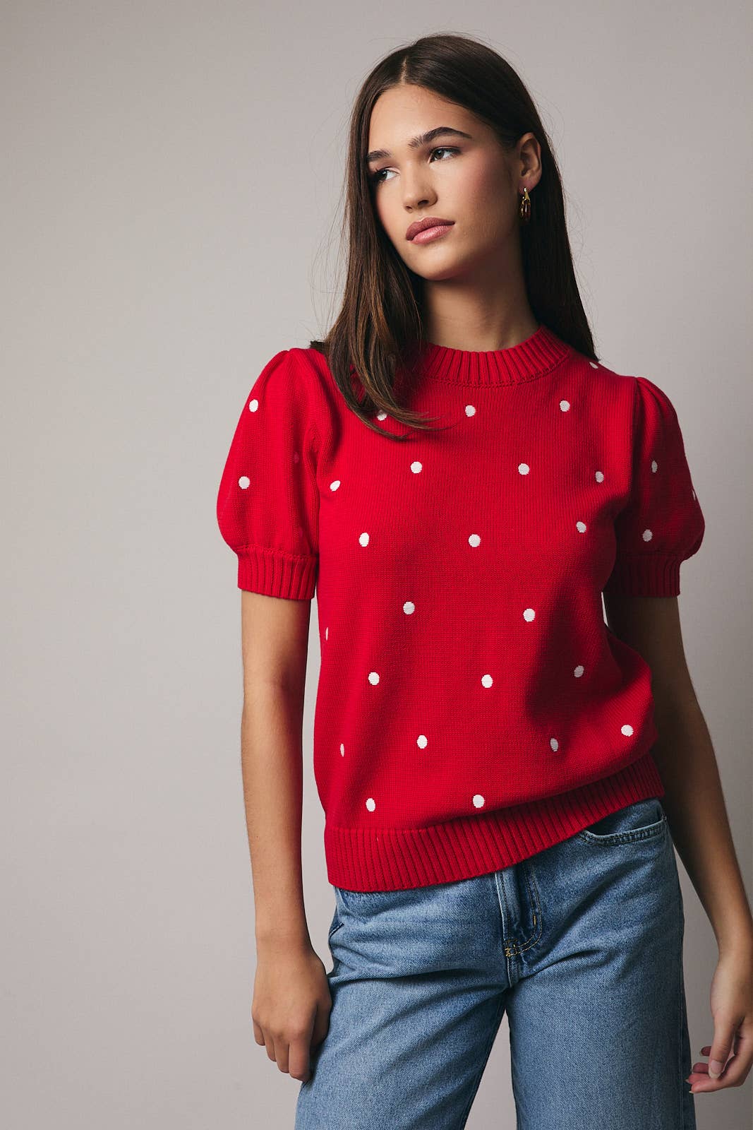 Sunday Edition - ROUND NECK PUFF SHORT SLEEVE "POLKA DOT" EMBROIDERED SWEATER