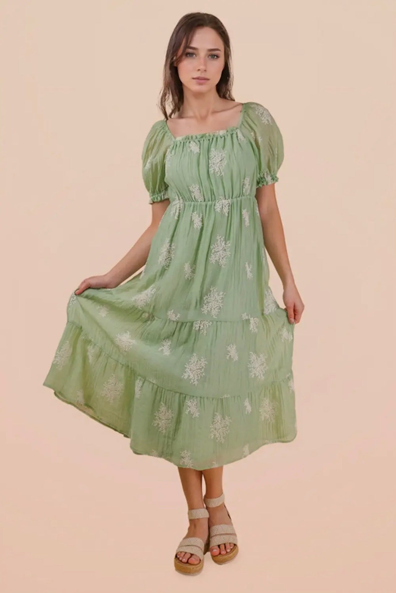 Embroidered puff sleeve midi dress
