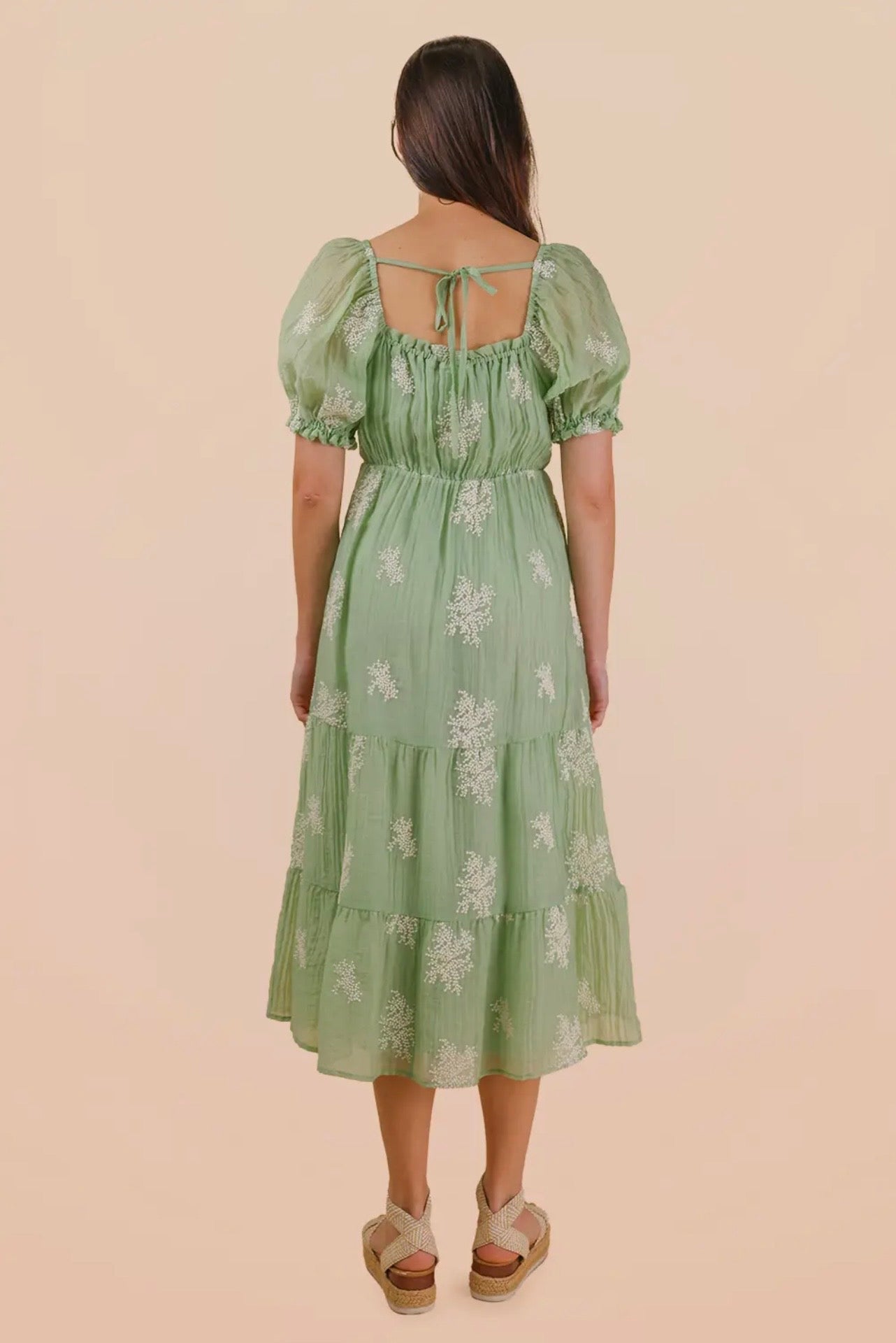 Embroidered puff sleeve midi dress