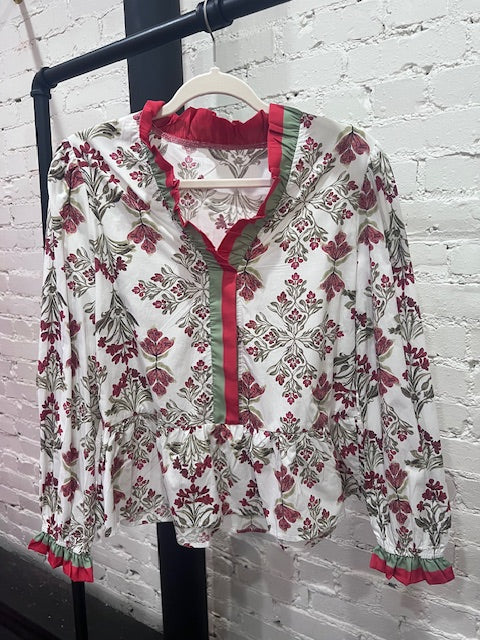 Brown burgandy floral blouse
