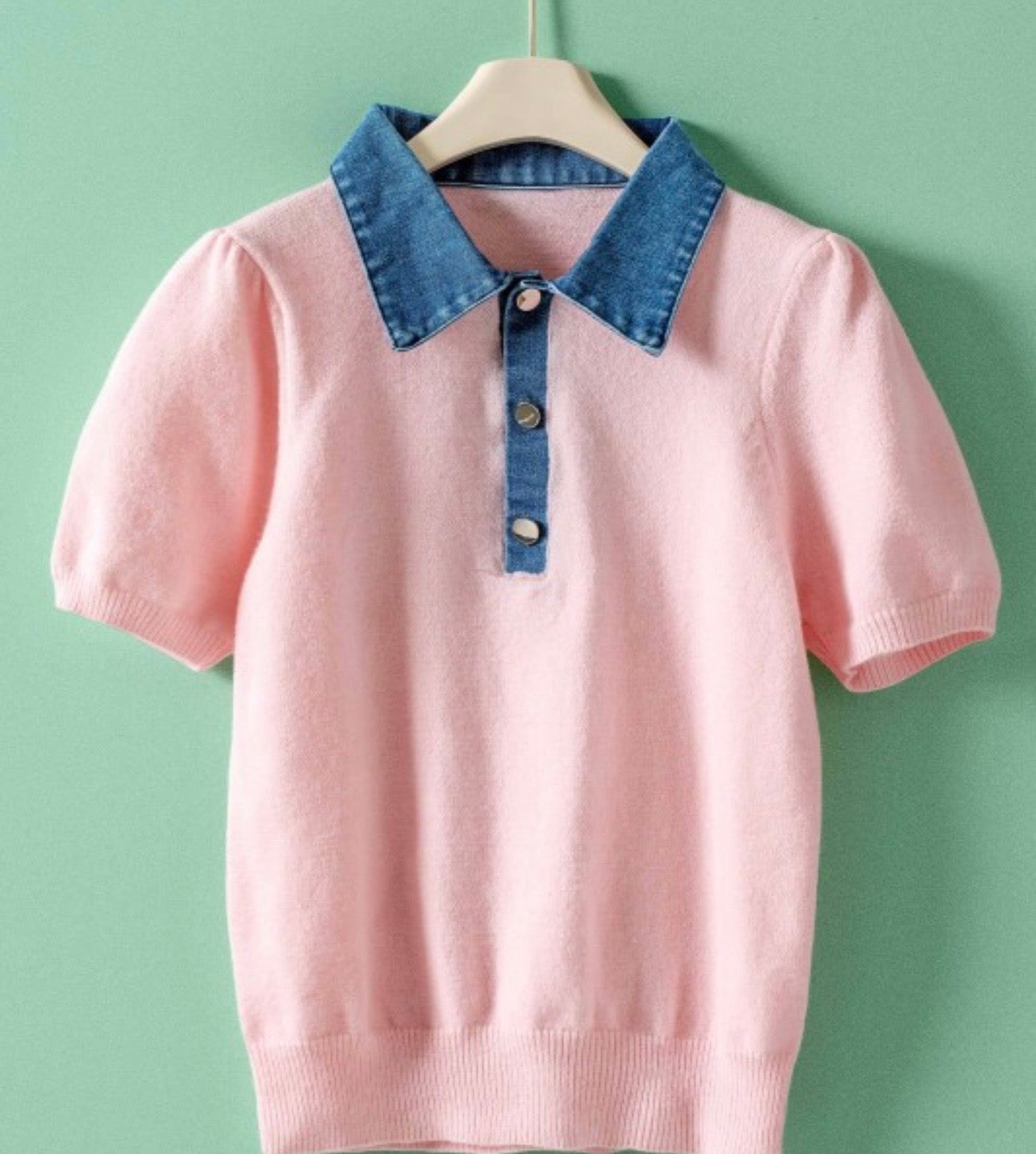 Denim collar polo sweater