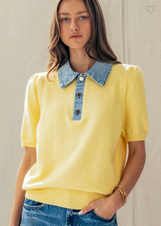 Denim collar polo sweater