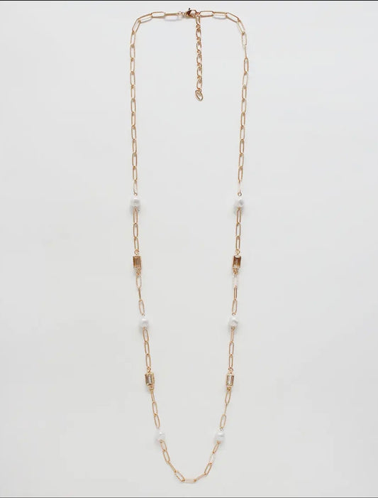 gold textured chain with clear crystal and pearl