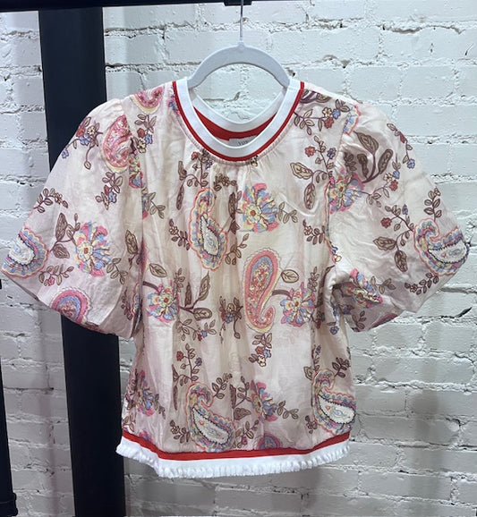 Striped band paisley embroidery top