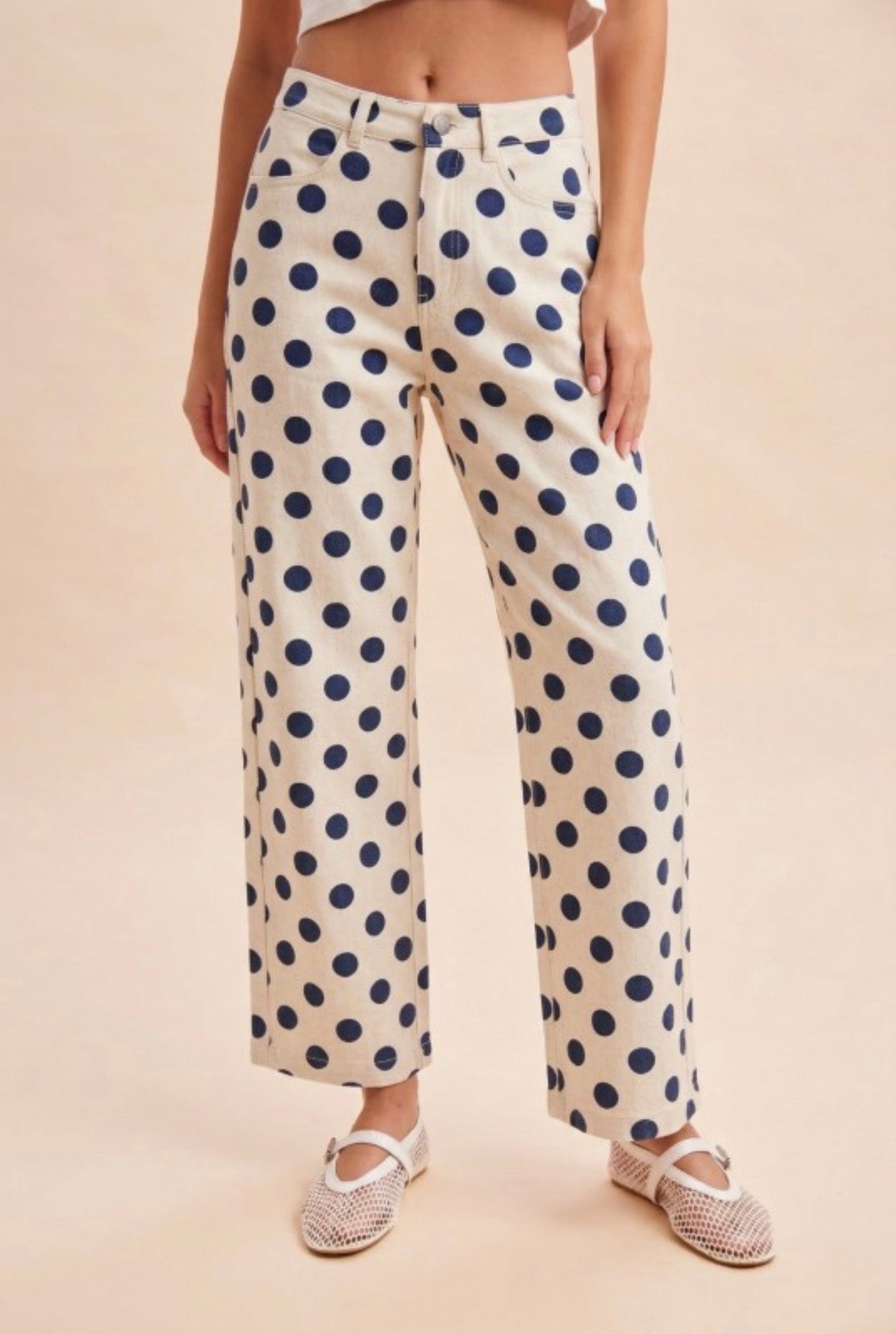 Cream/navy polka dot pant