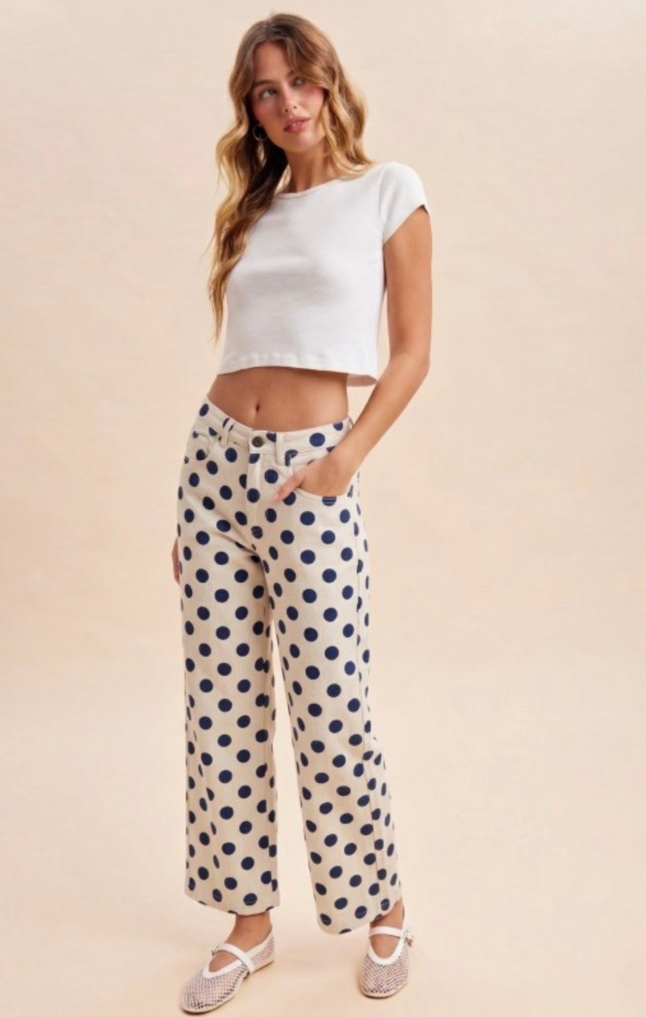 Cream/navy polka dot pant