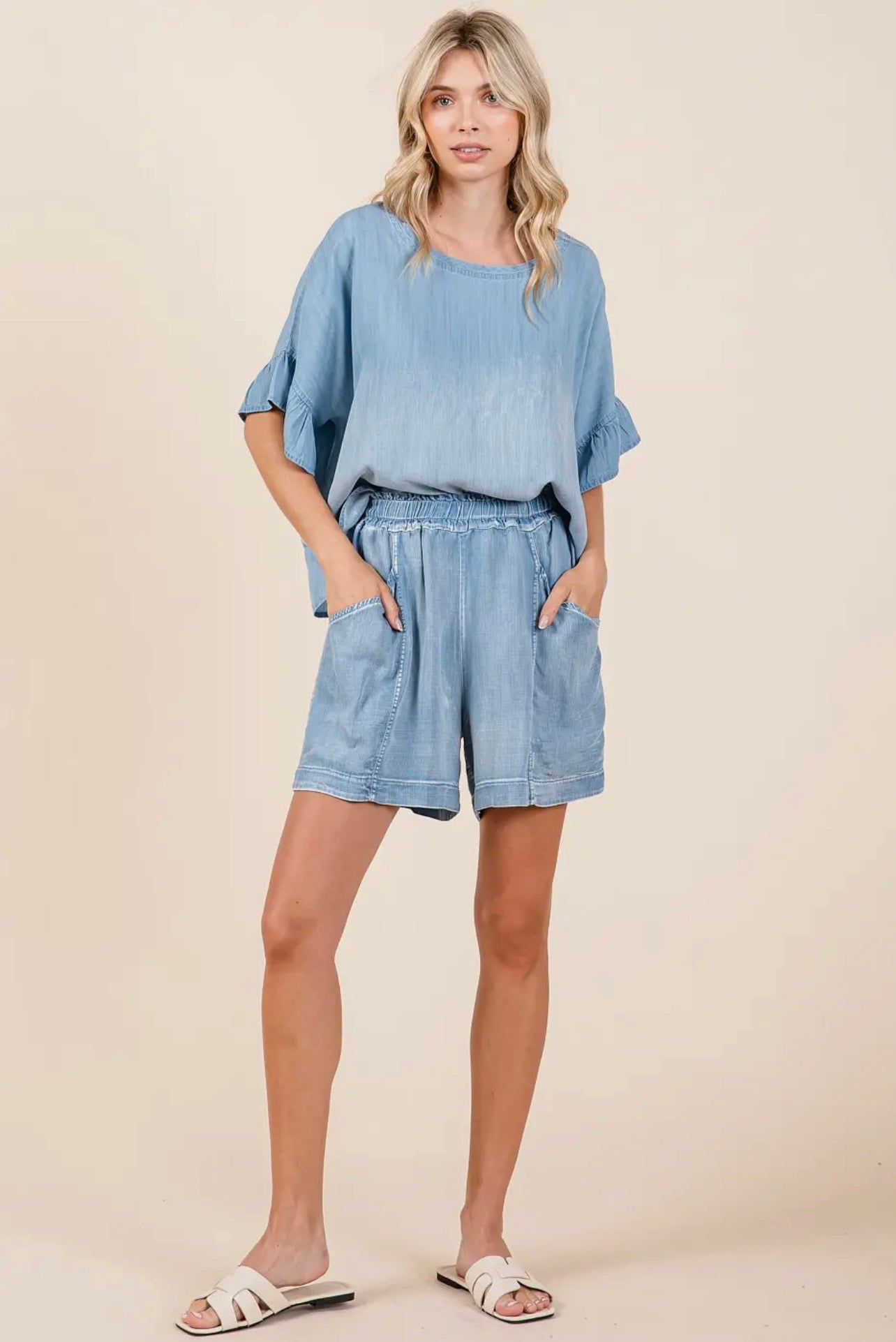 Washed chambray shorts