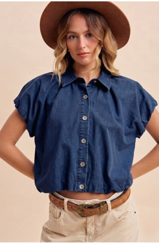 Denim bubble hem blouse