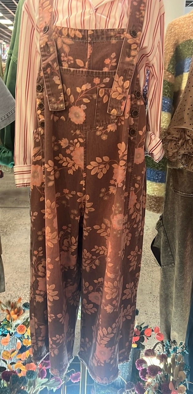 Floral printed washed denim jumpsuit