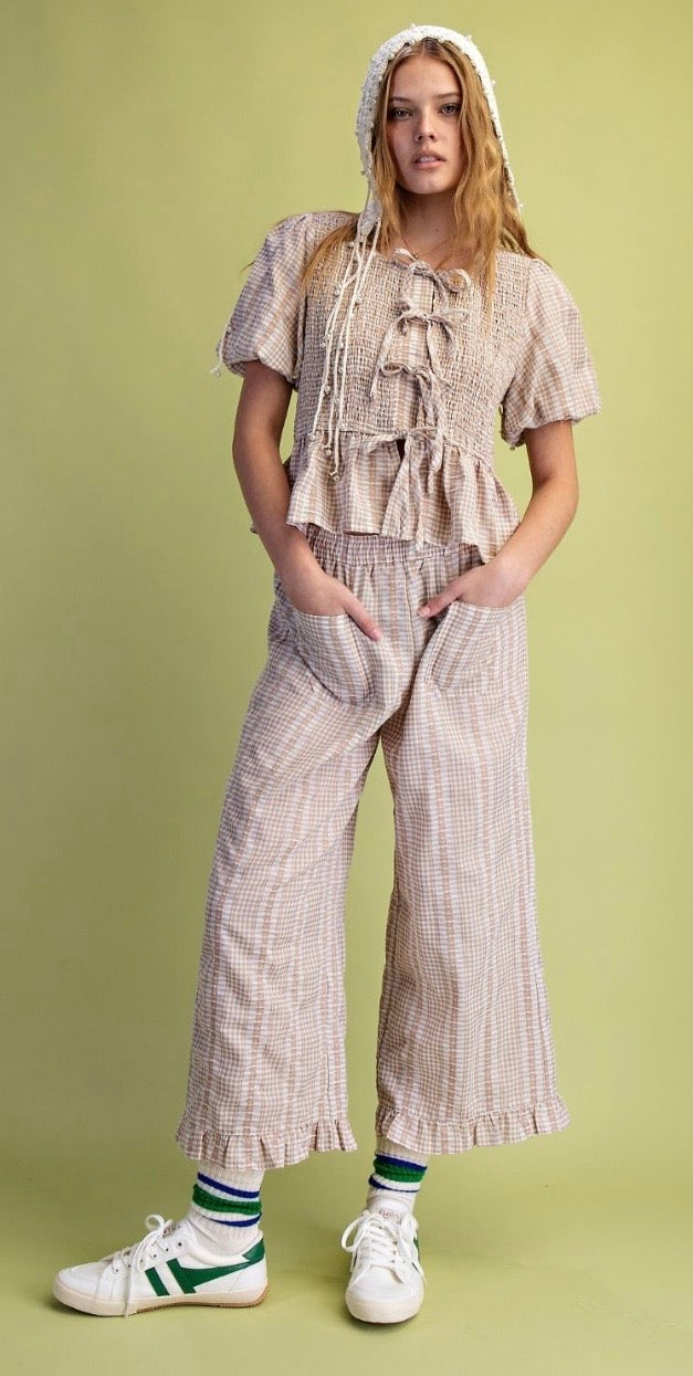 Checkerboard pattern ruffle pant
