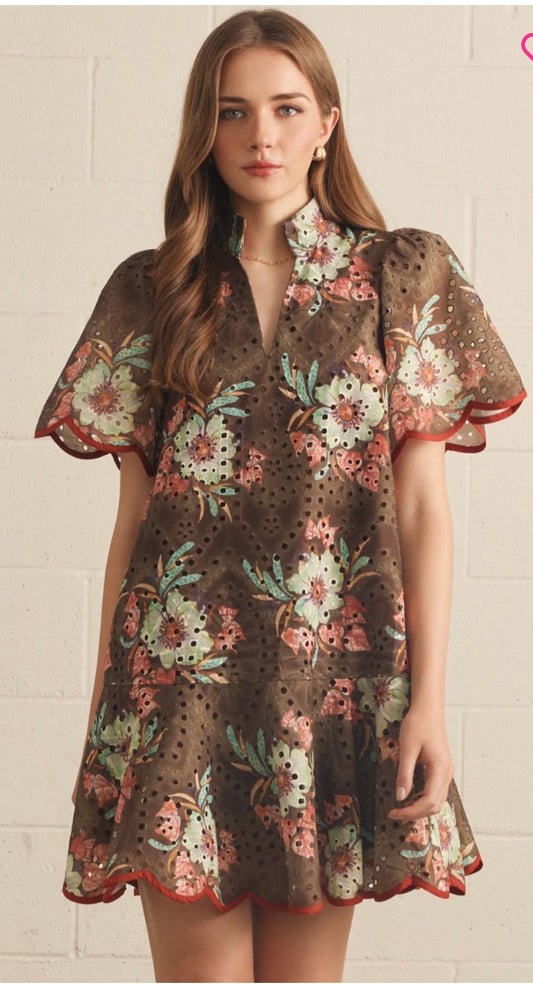 Brown floral eyelet dress