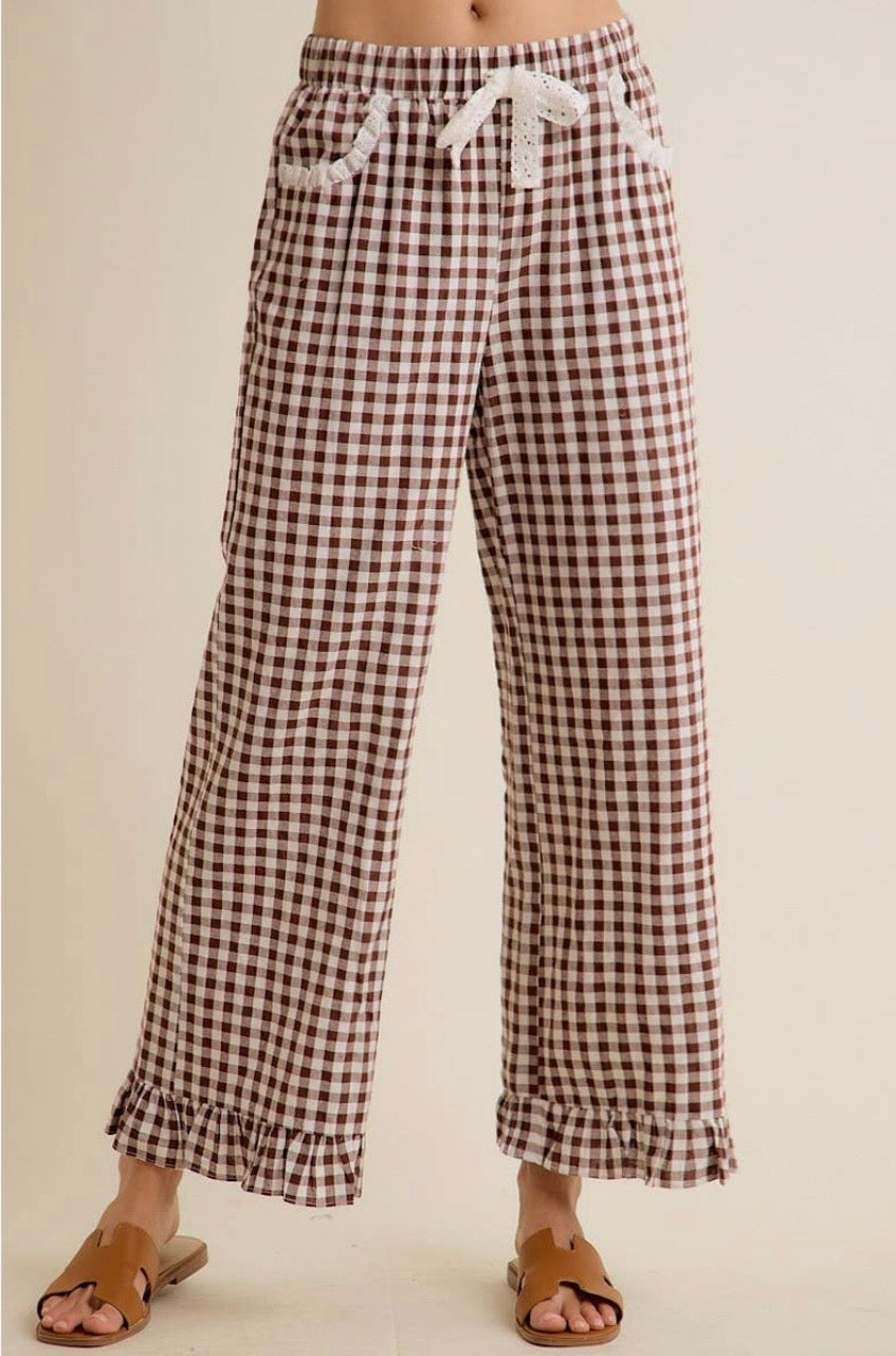 Gingham lace ruffle pants
