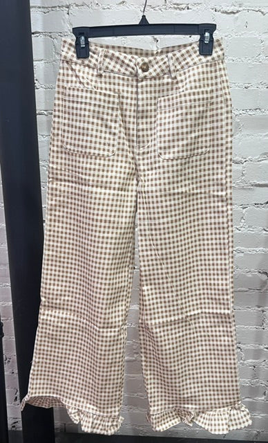 Tan/cream gingham pant with ruffle