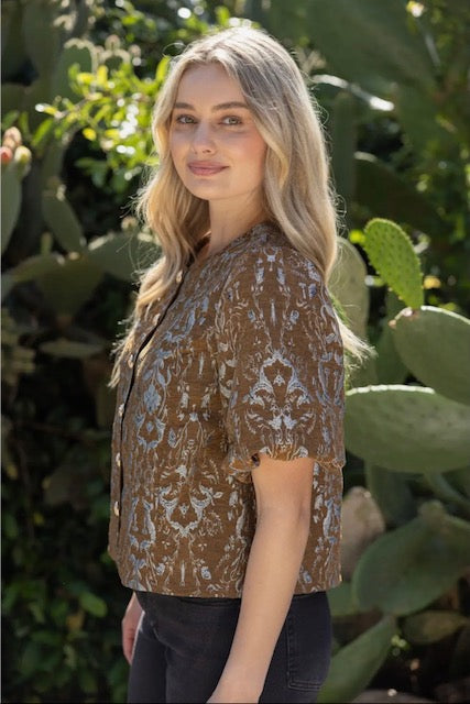 Gold button down floral jacquard top