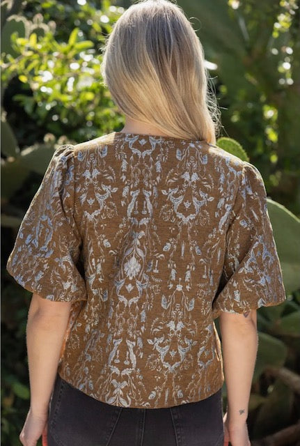 Gold button down floral jacquard top