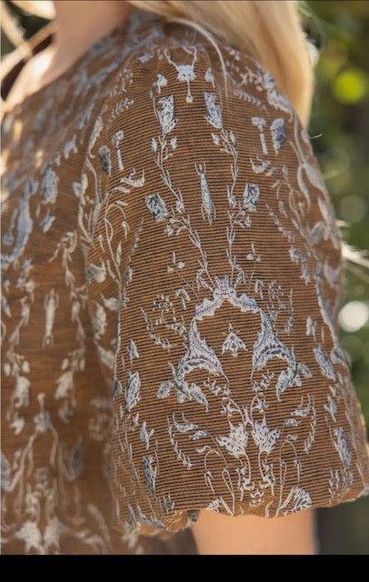 Gold button down floral jacquard top