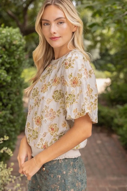 Ribbed knit band floral embroidered top