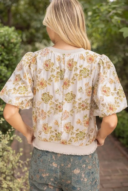 Ribbed knit band floral embroidered top