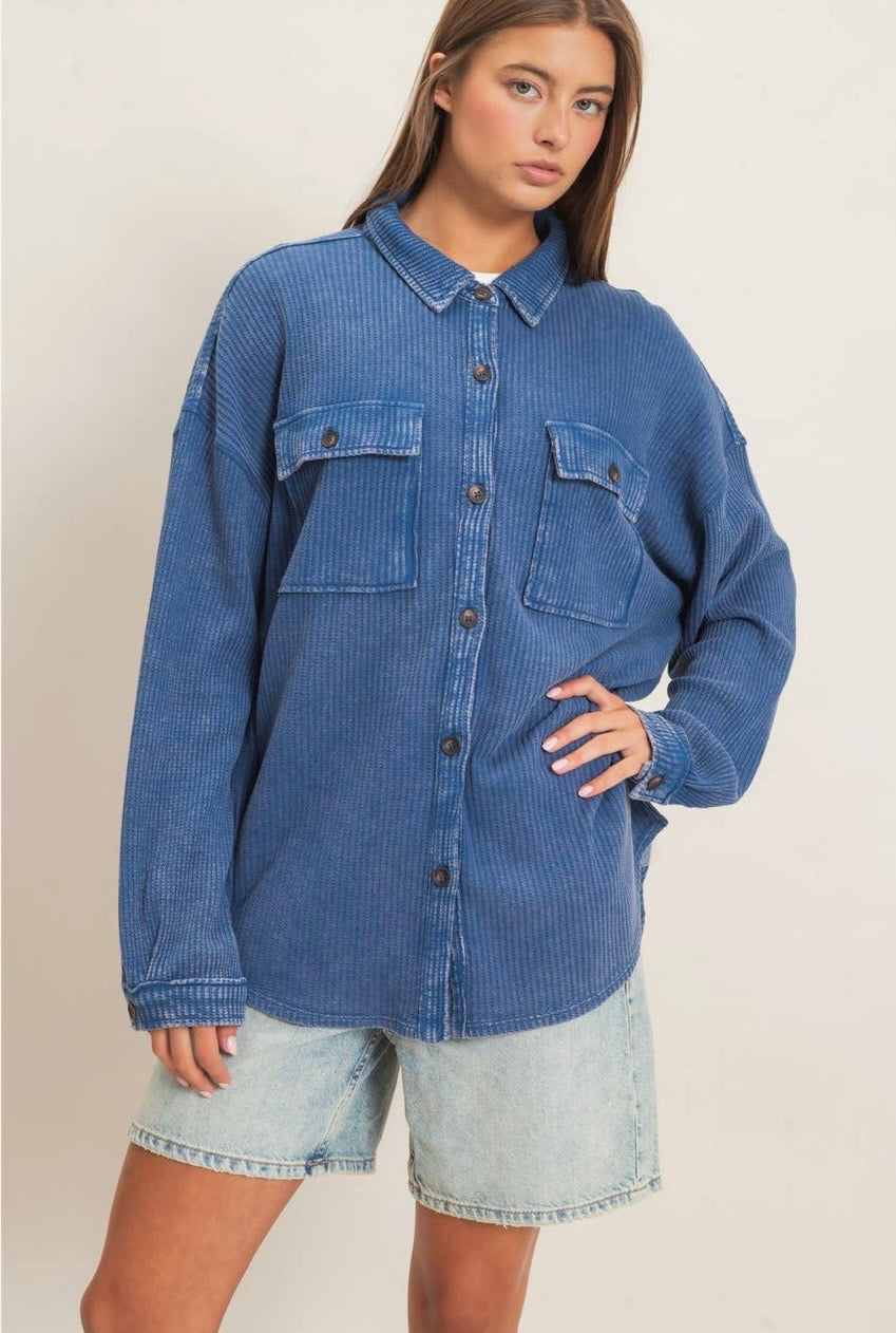 Mineral wash waffle knit button up shacket