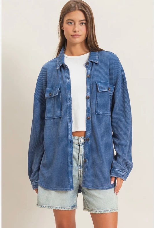 Mineral wash waffle knit button up shacket