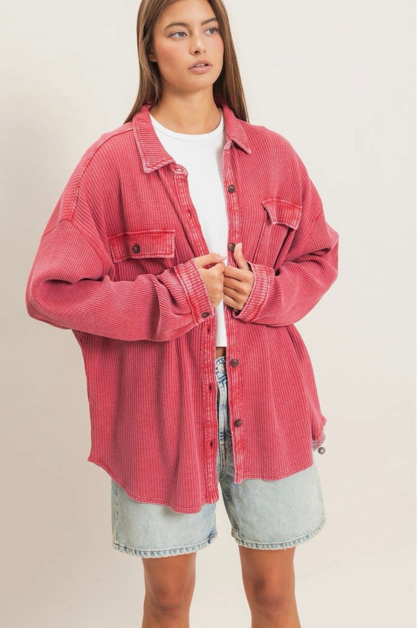 Mineral wash waffle knit button up shacket
