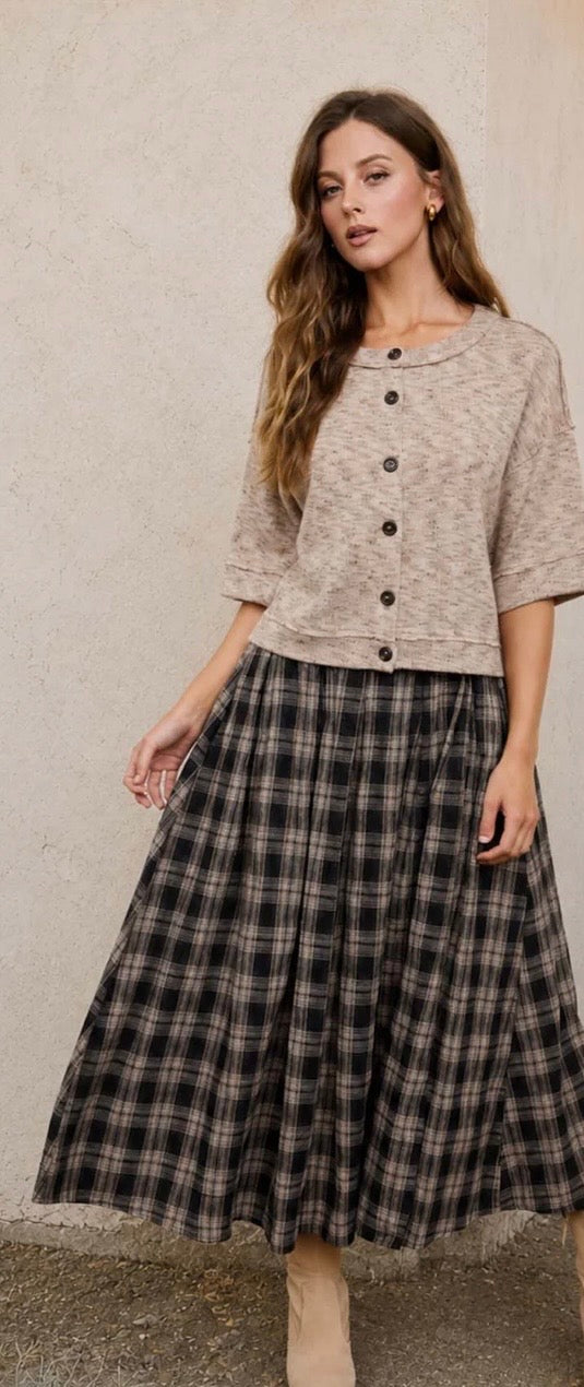 Button down raw edge knit top