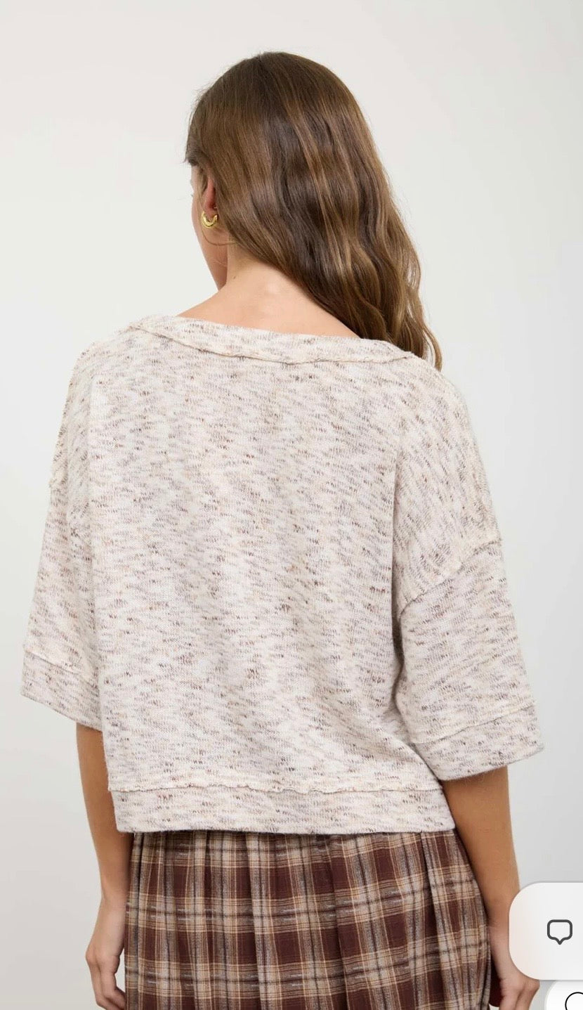 Button down raw edge knit top