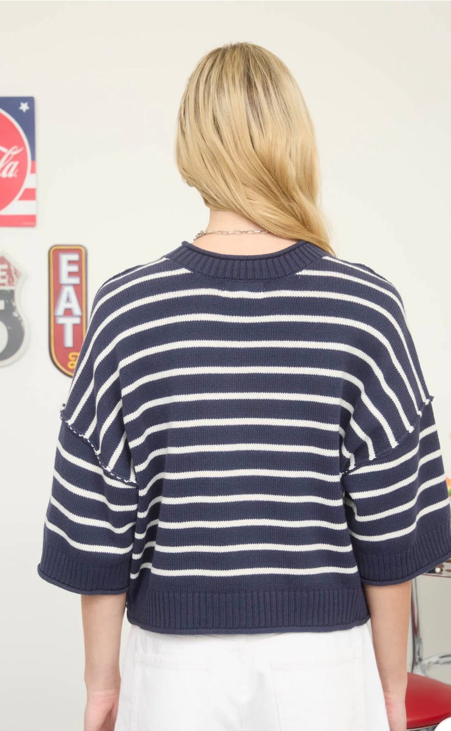 Stripe raw edge crop sweater