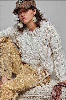 Chenille V neck balloon sleeve sweater