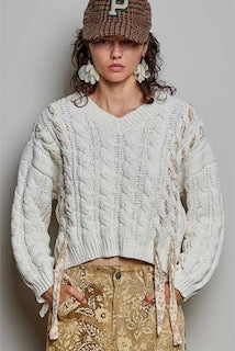 Chenille V neck balloon sleeve sweater