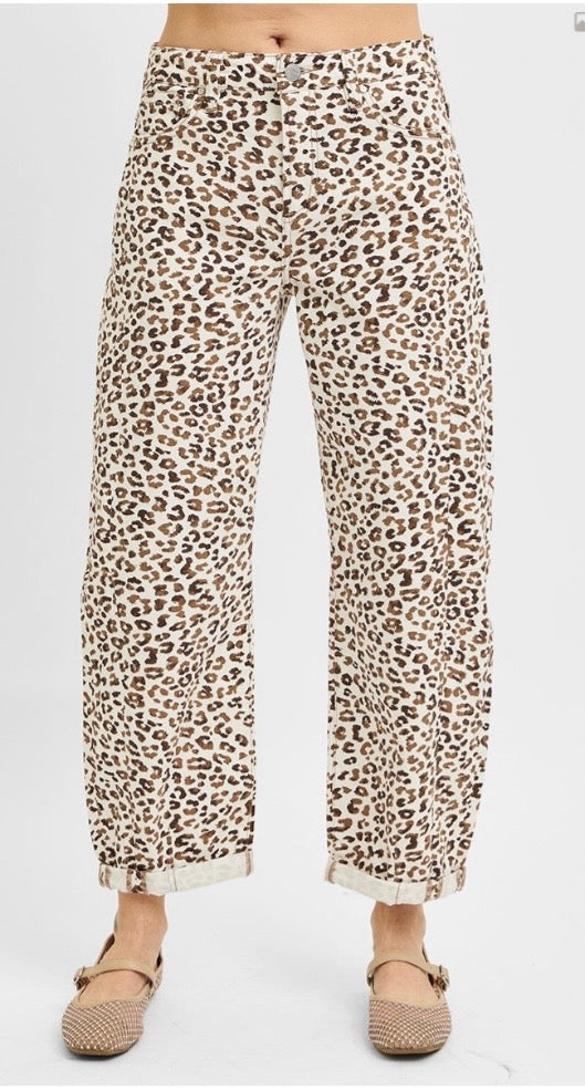Leopard cuff barrel jeans