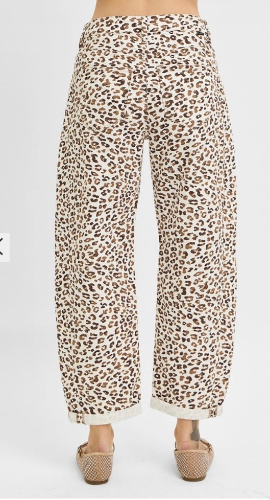 Leopard cuff barrel jeans