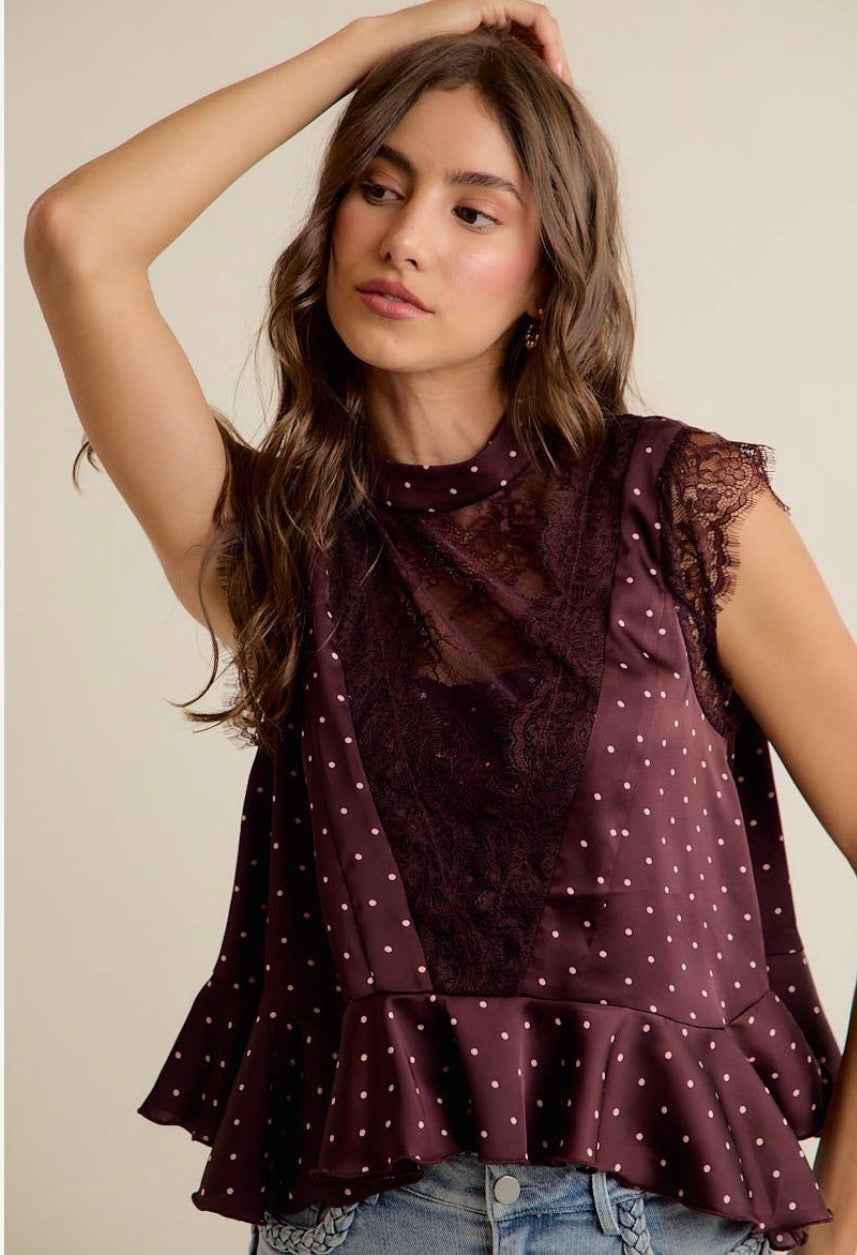 Polka dot satin lace top