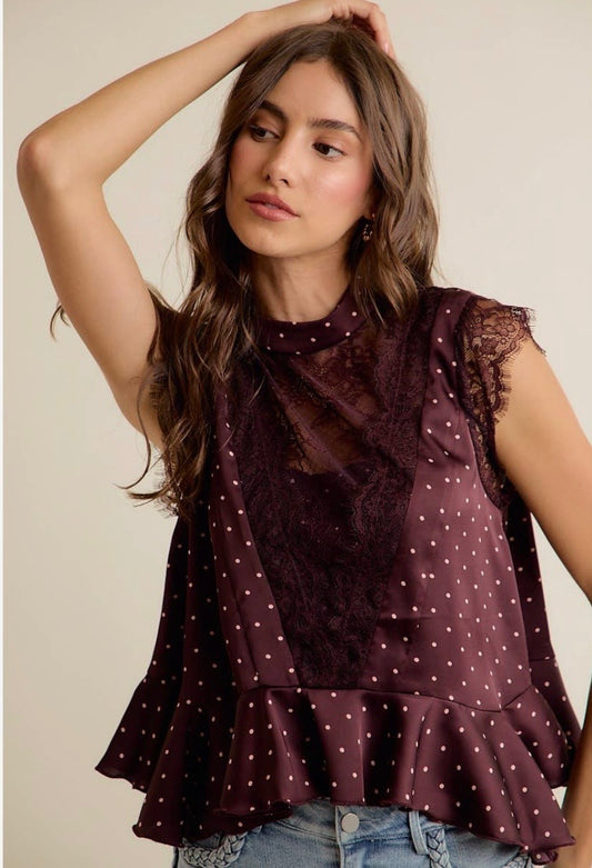 Polka dot satin lace top