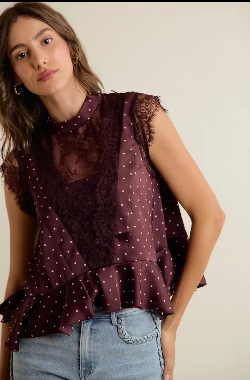 Polka dot satin lace top