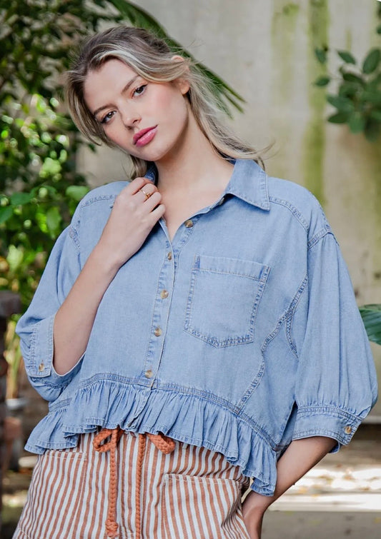 Ruffled hem denim top