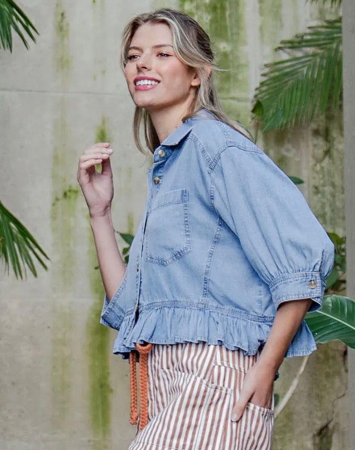 Ruffled hem denim top
