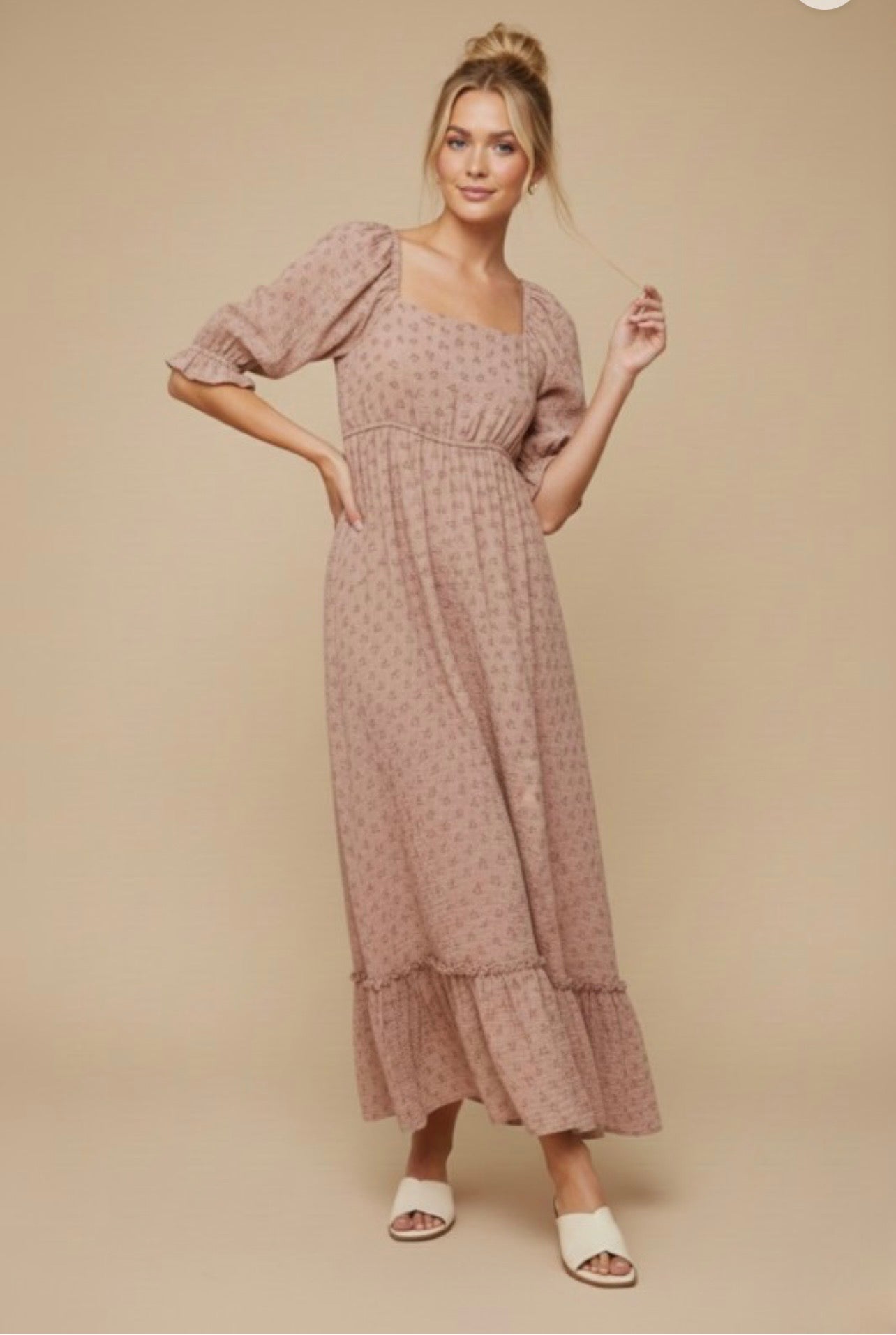 Red floral puff short sleeve maxi dress
