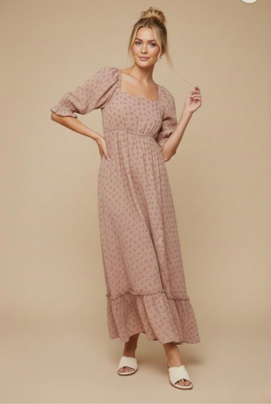 Red floral puff short sleeve maxi dress