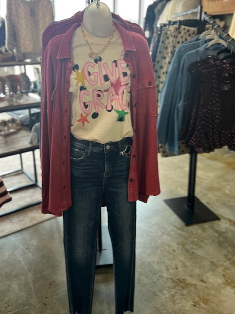 Mineral wash waffle knit button up shacket