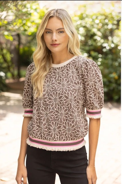 Stripe band detail floral eyelet top