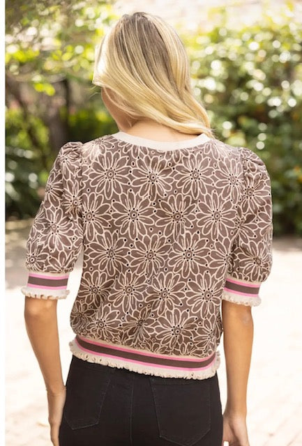 Stripe band detail floral eyelet top