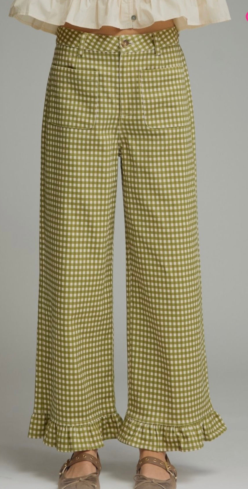Tan/cream gingham pant with ruffle