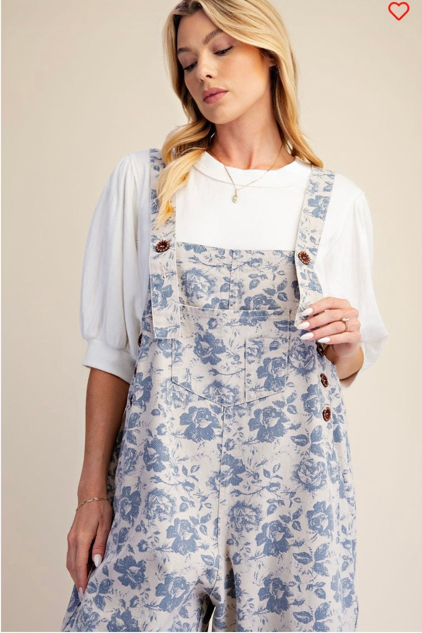 Floral printed enzyme washed overall