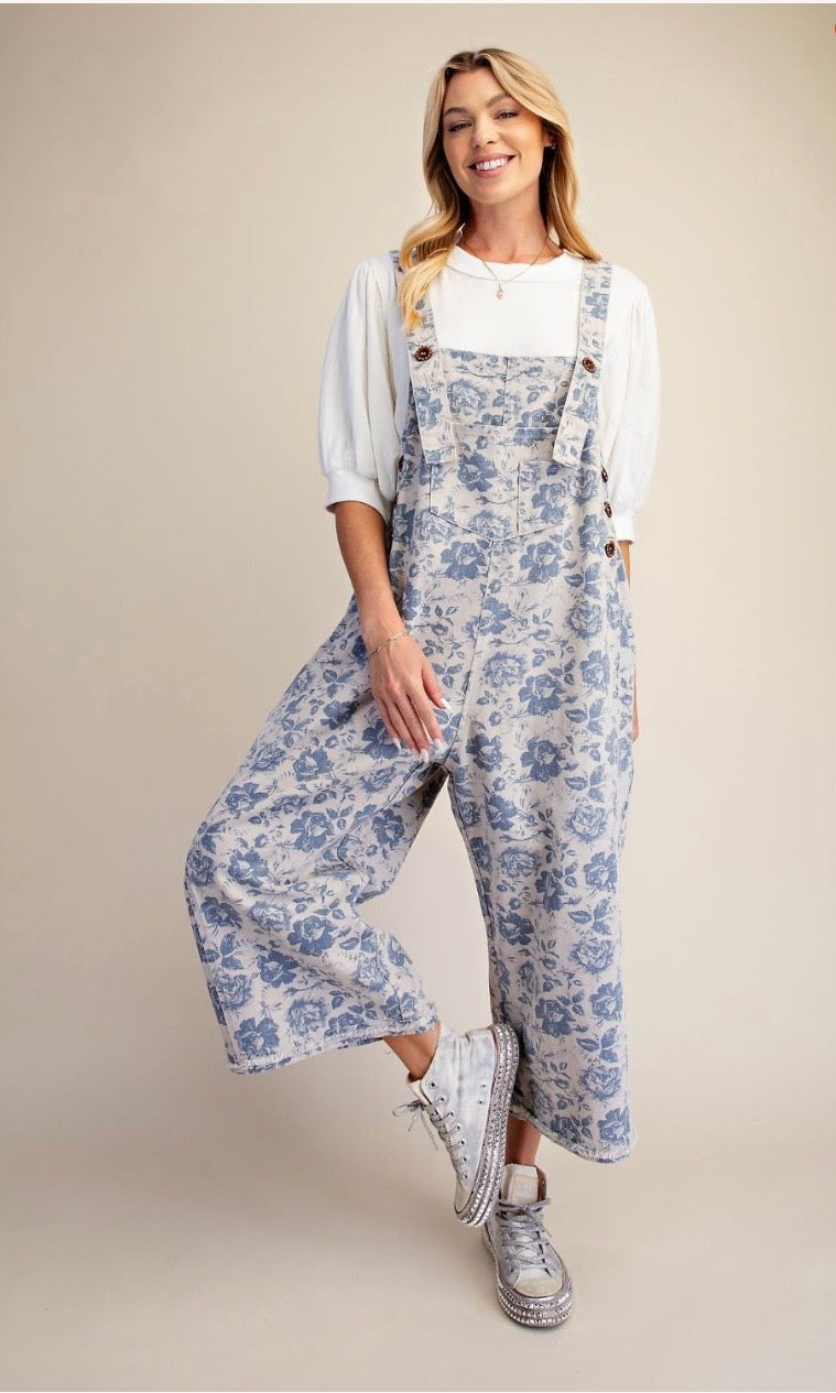 Floral printed enzyme washed overall