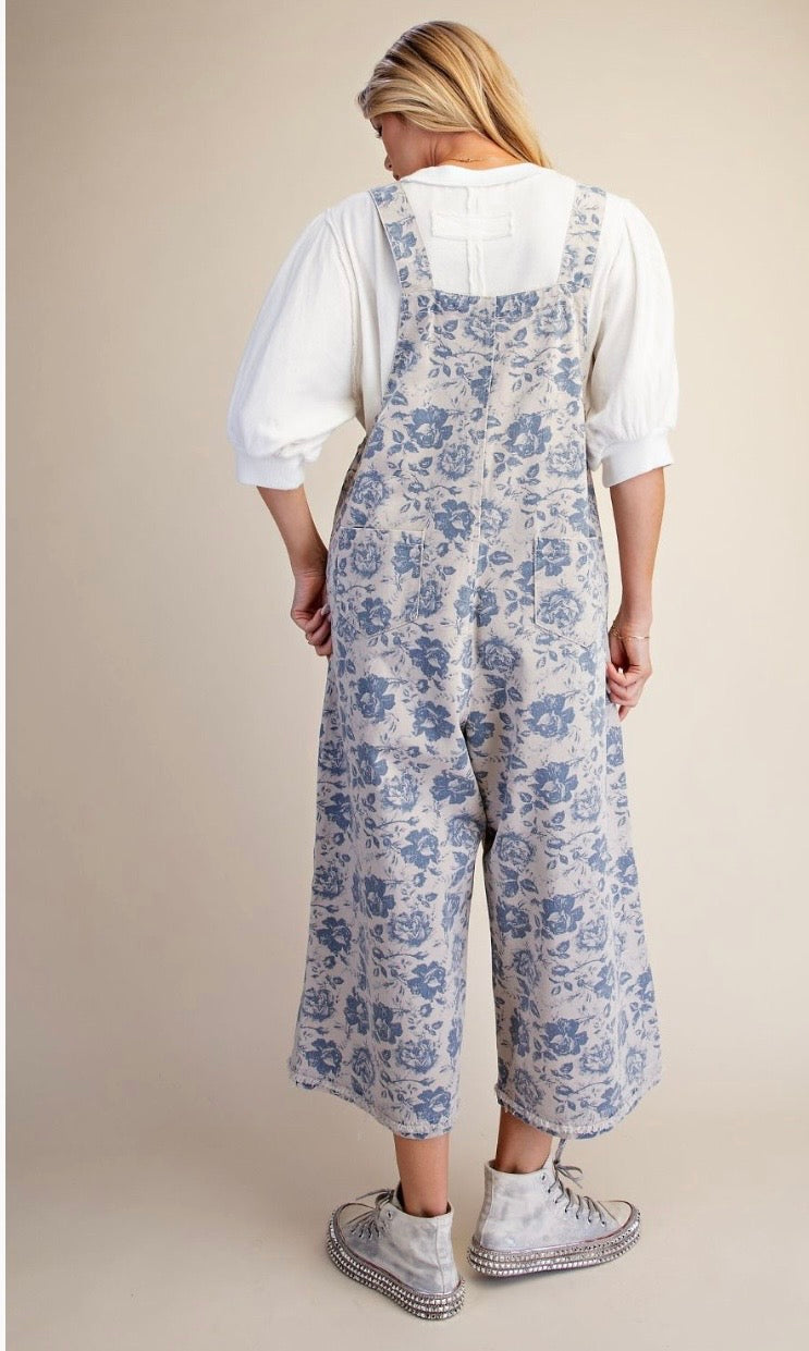 Floral printed enzyme washed overall