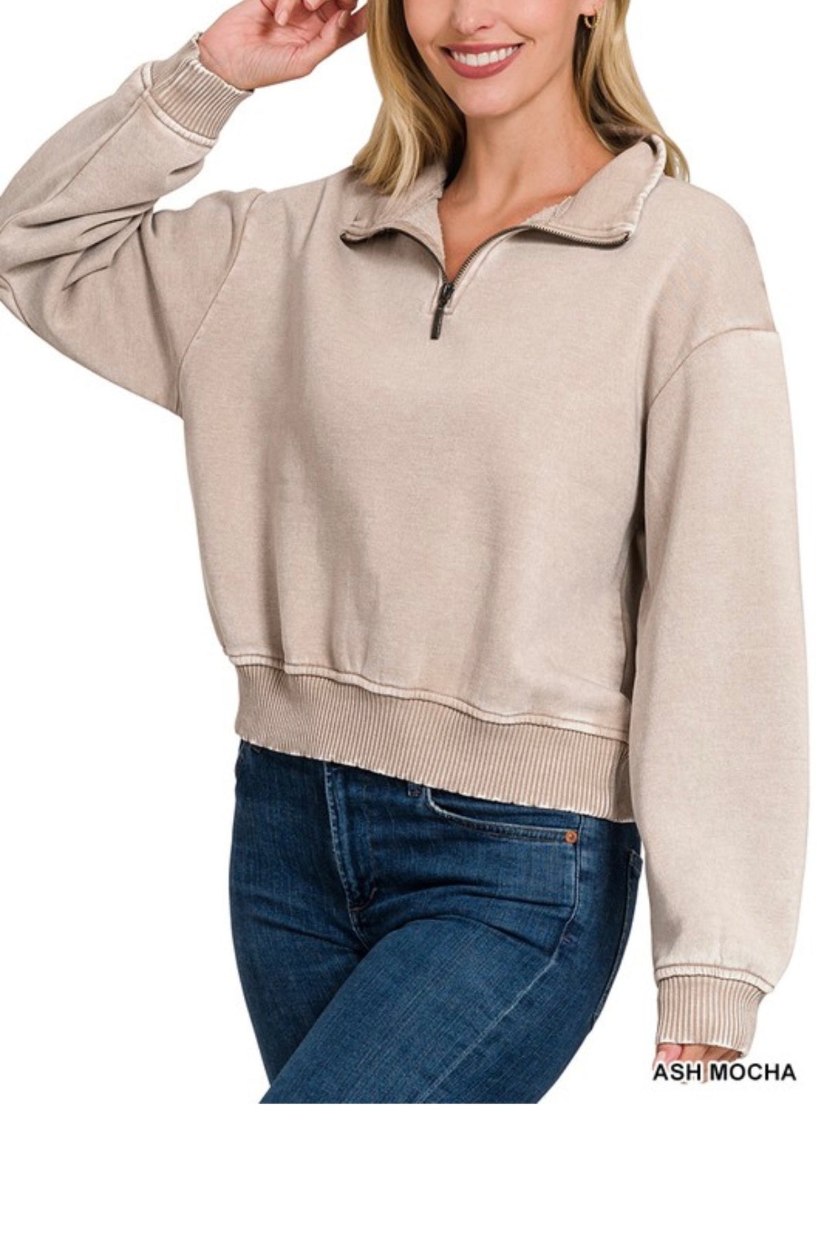 Acid washed fleece half zip pullover