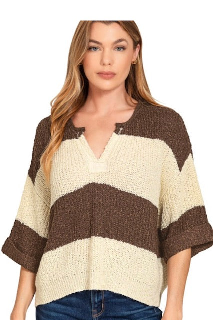 Split neck stripe sweater
